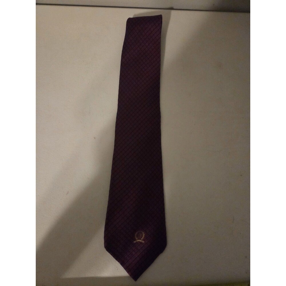 Tommy Hilfiger Silk Tie Vintage Red Navy Micro Grid Gold Crest Embroidery 58"